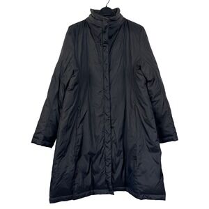 Eileen Fisher Womens L Down Puffer Coat Warm Winter Long Black Full Zip + Snaps